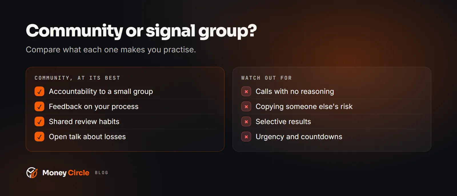 A trading community and a signal group compared on what you practise